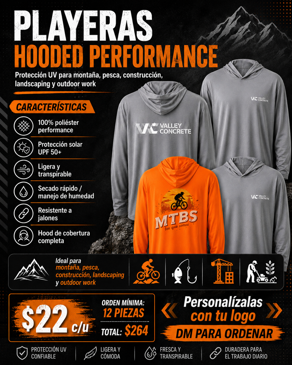 Custom hooded performance shirts — $22 each, 12 minimum.