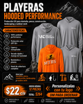 Custom hooded performance shirts — $22 each, 12 minimum.