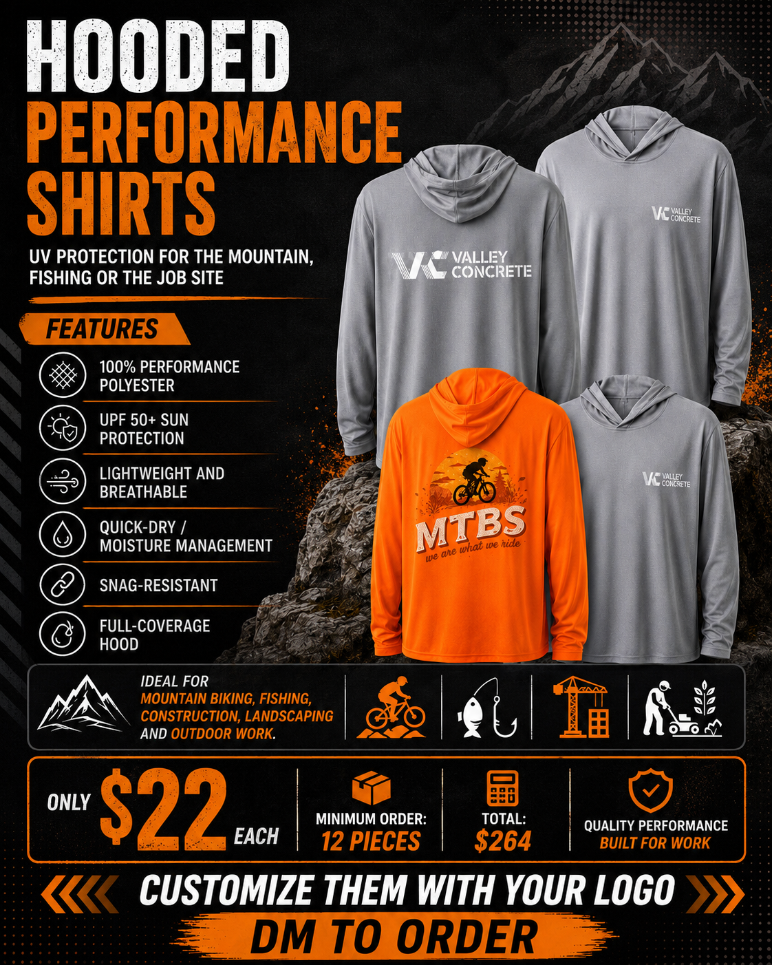 Custom hooded performance shirts — $22 each, 12 minimum.